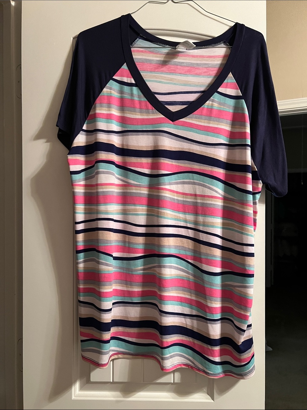 Honeyme Navy Raglan style V-Neck Top with Pink, Teal, Cream and White Stripes